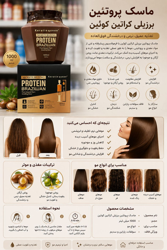 ماسک مو پروتئین برزیلی کراتین کوئین 1000 میل | حاوی روغن آرگان و جوجوبا