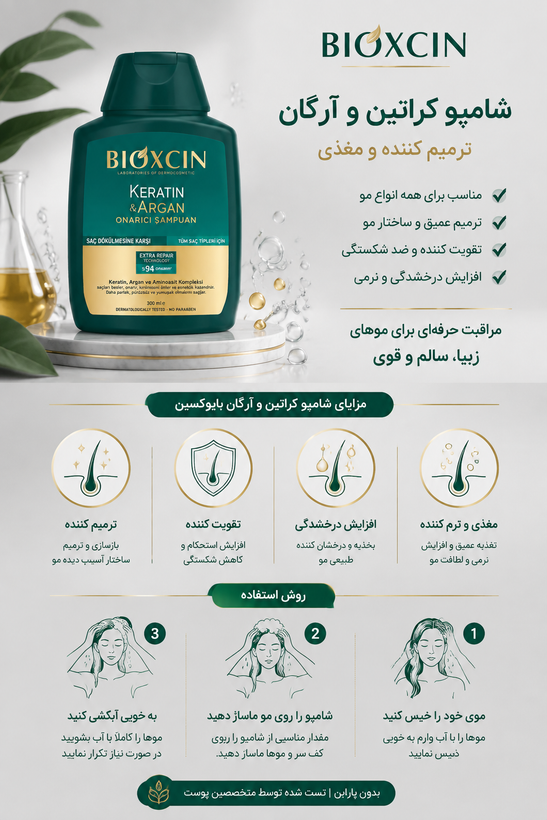 شامپو ضد ریزش مو بیوکسین مدل آرگان و کراتین حجم 300 میلیلیتر، ترمیمکننده، تقویتکننده، براقکننده، مناسب انواع مو و پوست سر حساس، حاوی بیوکمپلکس B11، بدون پارابن و مواد حساسیتزا