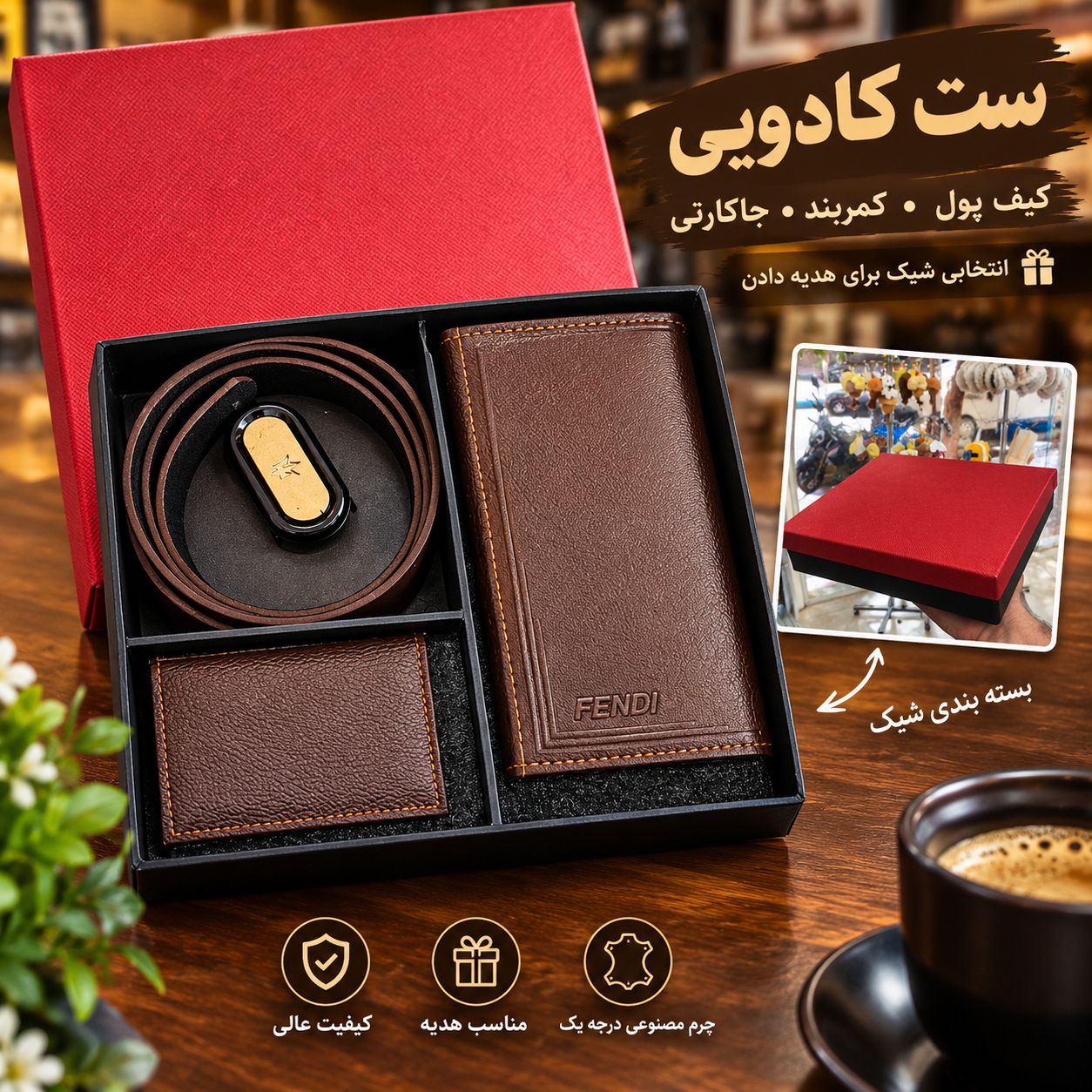 ست کادویی مردانه | کمربند | کیف پول | کیف کارت و باکس